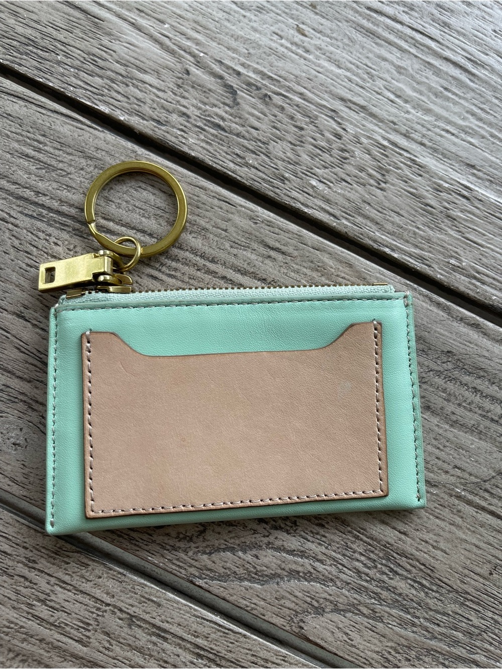 J. Crew Mint Green Leather Cardholder Keychain with Tan Card Pocket